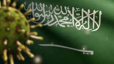 3D görüntü: Suudi Arabistan bayrağı dalgalanması ve Coronavirus 2019 nCov konsepti. Asya 'daki KSA salgını, koronavirüs gribi, salgın gibi tehlikeli grip salgını vakaları. Mikroskop virüsü Covid19-Dan