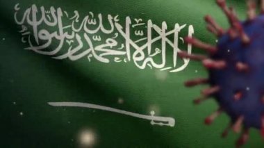Suudi Arabistan bayrağı üzerinde dalgalanan 3D grip koronavirüsü, patojen solunum yollarına saldırıyor. KSA pankartı Covid19 virüs enfeksiyonu konseptiyle sallanıyor. Kumaş dokusu Asteğmen Dan