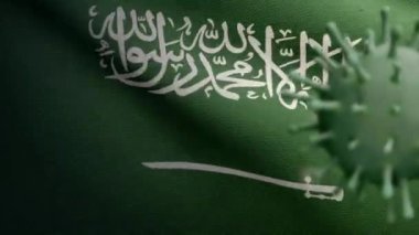 3D resimli Krallık Suudi Arabistan bayrağı Coronavirus salgını ile sallanıyor ve solunum sistemini tehlikeli bir grip gibi etkiliyor. Ulusal KSA bayrağı sallanan Covid 19 virüsü