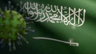 3D görüntü: Suudi Arabistan bayrağı dalgalanması ve Coronavirus 2019 nCov konsepti. Asya 'daki KSA salgını, koronavirüs gribi, salgın gibi tehlikeli grip salgını vakaları. Mikroskop virüsü Covid19-Dan