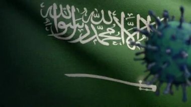 Suudi Arabistan bayrağı üzerinde dalgalanan 3D grip koronavirüsü, patojen solunum yollarına saldırıyor. KSA pankartı Covid19 virüs enfeksiyonu konseptiyle sallanıyor. Kumaş dokusu Asteğmen Dan