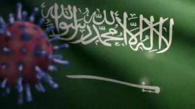 Suudi Arabistan bayrağı üzerinde dalgalanan 3D grip koronavirüsü, patojen solunum yollarına saldırıyor. KSA pankartı Covid19 virüs enfeksiyonu konseptiyle sallanıyor. Kumaş dokusu Asteğmen Dan