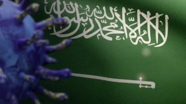 3D resimli Krallık Suudi Arabistan bayrağı Coronavirus salgını ile sallanıyor ve solunum sistemini tehlikeli bir grip gibi etkiliyor. Ulusal KSA bayrağı sallanan Covid 19 virüsü