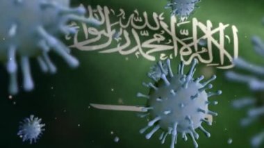 3D resimli Krallık Suudi Arabistan bayrağı Coronavirus salgını ile sallanıyor ve solunum sistemini tehlikeli bir grip gibi etkiliyor. Ulusal KSA bayrağı sallanan Covid 19 virüsü