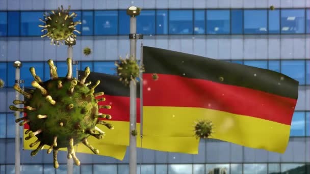 3D展示了德国国旗在现代城市的公司地标天际线上与科罗纳威斯病毒一起飘扬的情景 流感病毒Covid19带有德国国旗的背景 大流行病概念 — 图库视频影像