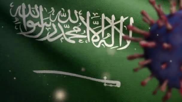 Ilustração Coronavírus Gripe Flutuando Sobre Bandeira Reino Arábia Saudita Patógeno — Vídeo de Stock