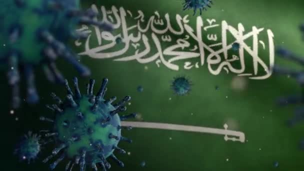 Ilustração Coronavírus Gripe Flutuando Sobre Bandeira Reino Arábia Saudita Patógeno — Vídeo de Stock