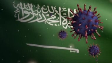Suudi Arabistan bayrağı üzerinde dalgalanan 3D grip koronavirüsü, patojen solunum yollarına saldırıyor. KSA pankartı Covid19 virüs enfeksiyonu konseptiyle sallanıyor. Kumaş dokusu Asteğmen Dan