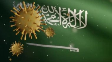 Suudi Arabistan bayrağı üzerinde dalgalanan 3D grip koronavirüsü, patojen solunum yollarına saldırıyor. KSA pankartı Covid19 virüs enfeksiyonu konseptiyle sallanıyor. Kumaş dokusu Asteğmen Dan