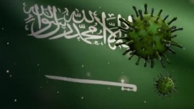 3D görüntü: Suudi Arabistan bayrağı dalgalanması ve Coronavirus 2019 nCov konsepti. Asya 'daki KSA salgını, koronavirüs gribi, salgın gibi tehlikeli grip salgını vakaları. Mikroskop virüsü Covid19-Dan