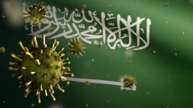 Suudi Arabistan bayrağı üzerinde dalgalanan 3D grip koronavirüsü, patojen solunum yollarına saldırıyor. KSA pankartı Covid19 virüs enfeksiyonu konseptiyle sallanıyor. Kumaş dokusu Asteğmen Dan