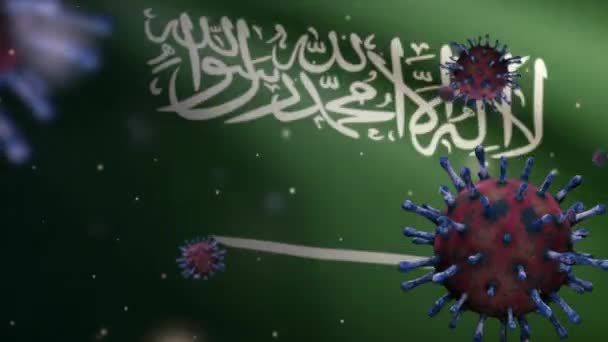 Illustration Kingdom Saudiarabien Flagga Viftar Med Coronavirus Utbrott Infektera Andningsorganen — Stockvideo