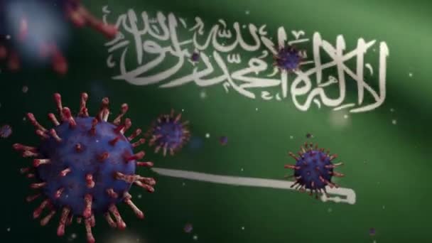 3D ilustrace Království Saúdská Arábie vlajkové vlnění a Coronavirus 2019 nCov koncept. Asijská epidemie KSA, koronaviry chřipky jako nebezpečný chřipkový kmen případy jako pandemie. Mikroskop Covid19-Dan