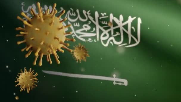 Suudi Arabistan Bayrağı Üzerinde Dalgalanan Grip Koronavirüsü Patojen Solunum Yollarına — Stok video