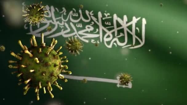 Ilustração Coronavírus Gripe Flutuando Sobre Bandeira Reino Arábia Saudita Patógeno — Vídeo de Stock