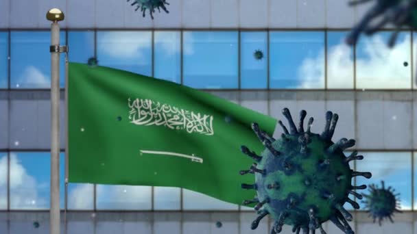 Illustration Royaume Drapeau Saoudien Brandissant Une Épidémie Coronavirus Infectant Système — Video