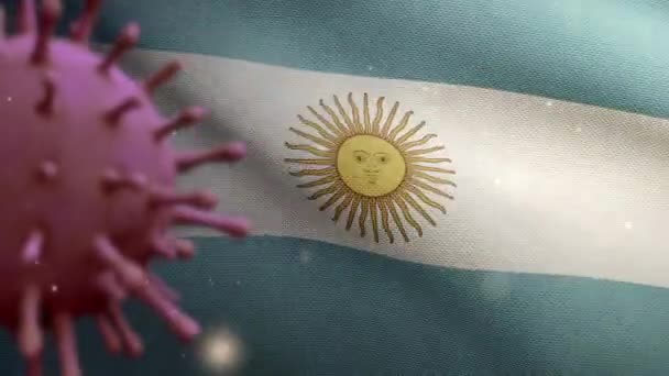 三维图像显示 在阿根廷国旗上方漂浮的流感珊瑚病毒 病原体攻击呼吸道 阿根廷横幅招摇过市的Covid19病毒感染概念 织物纹理标志 — 图库视频影像