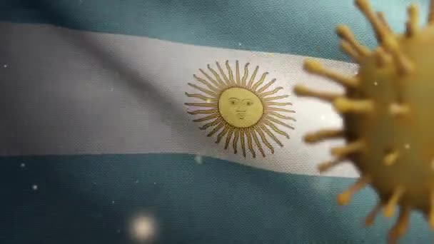 Ilustración Bandera Argentina Ondeando Con Brote Coronavirus Infectando Sistema Respiratorio — Vídeo de stock