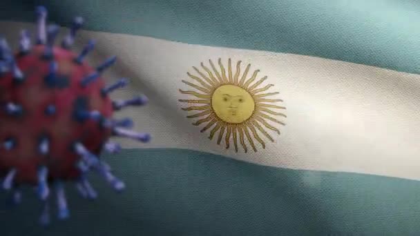 Ilustração Coronavírus Gripe Flutuando Sobre Bandeira Argentina Patógeno Ataca Trato — Vídeo de Stock