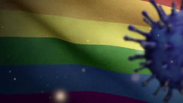 Illustratie Trots Gay Vlag Zwaaien Met Coronavirus Uitbraak Infecteren Ademhalingsstelsel — Stockvideo
