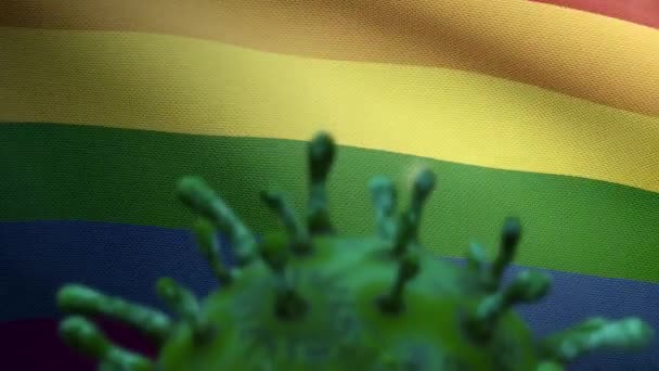 Illustration Influensa Coronavirus Svävar Över Stolthet Gay Flagga Patogen Attacker — Stockvideo