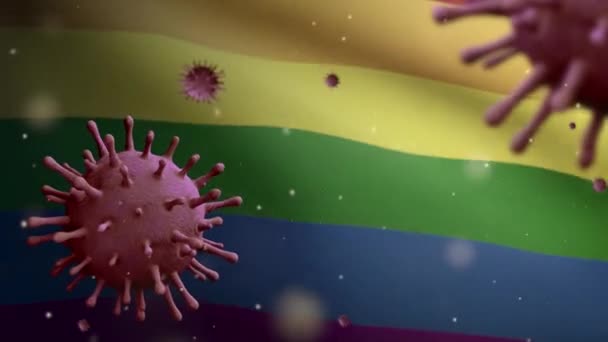 Ilustracja Wirus Grypy Unoszący Się Nad Flagą Geja Dumy Patogen — Wideo stockowe