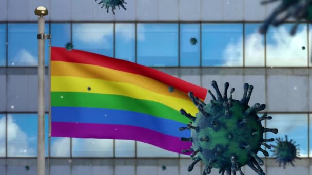 Illustration Influensa Coronavirus Svävar Över Stolthet Gay Flagga Moderna Staden — Stockvideo