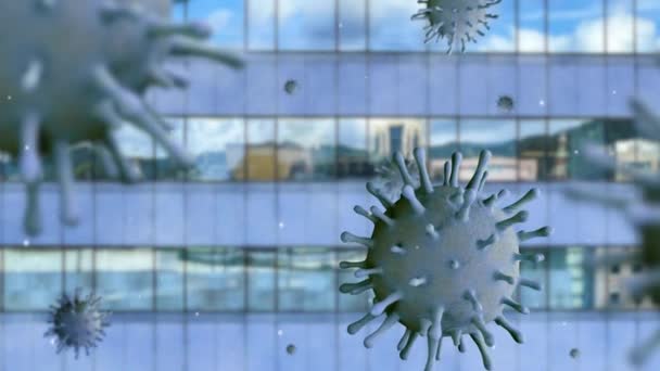 Illustrazione Influenza Coronavirus Galleggiante Skyline Punto Riferimento Aziendale Una Città — Video Stock