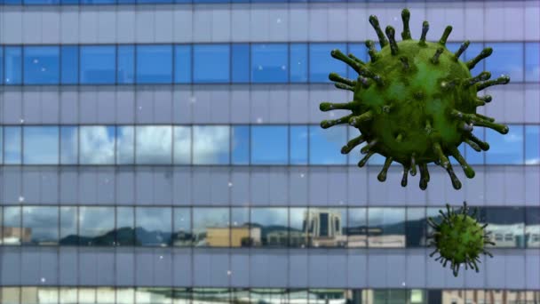 Illustratie Influenza Covid19 Virus Met Mooie Moderne Hoge Toren Financiële — Stockvideo
