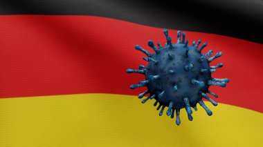 Coronavirus salgını ile sallanan Alman bayrağı solunum sistemini tehlikeli bir grip gibi etkiliyor. Covid 19 virüsü ve arka planda ulusal Almanya pankartı. Salgın konsepti