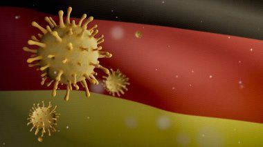 Alman bayrağı üzerinde dalgalanan 3 boyutlu grip koronavirüsü, patojen solunum yollarına saldırıyor. Alman pankartı Covid19 virüs enfeksiyonu konseptiyle sallanıyor. Gerçek kumaş dokusunu kapat Teğmen.