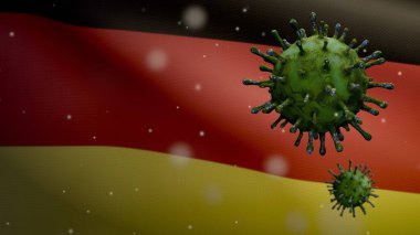 Alman bayrağı dalgalanması ve Coronavirus 2019 nCov konsepti. Almanya 'da Asya salgını, koronavirüs gribi salgını, salgın gibi tehlikeli grip salgını vakaları. Mikroskop virüsü Covid19 yakın çekim.