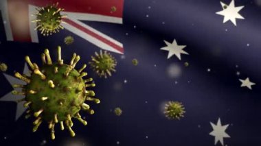 3D resimli Avustralya bayrağı dalgalanması ve Coronavirus 2019 nCov. Avustralya 'da Asya salgını, koronavirüs gribi salgını, salgın gibi grip salgını. Mikroskop virüsü Covid 19-Dan