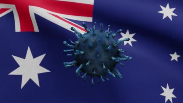 Ilustración Bandera Australiana Ondeando Con Brote Coronavirus Infectando Sistema Respiratorio — Vídeo de stock
