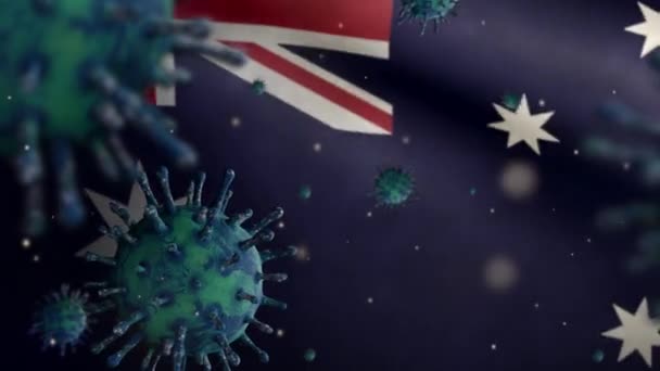 Illustration Grippe Coronavirus Schwebt Über Australischer Flagge Erreger Greift Atemwege — Stockvideo