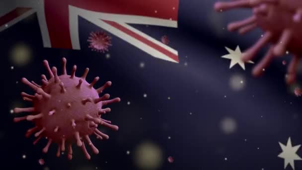 Illustration Influensa Coronavirus Svävar Över Australian Flagga Patogen Attacker Luftvägarna — Stockvideo