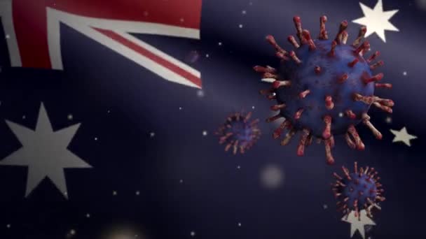 Illustration Australiska Flaggan Viftar Med Coronavirus Utbrott Infektera Andningsorganen Som — Stockvideo