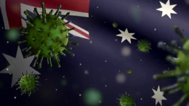 3Dイラストオーストラリアの旗の上に浮かぶインフルエンザコロナウイルス 病原体攻撃呼吸器路 オーストラリアのバナーは パンデミックコビデオ19ウイルス感染の概念を振っている 生地の質感 Ensign Dan — ストック動画