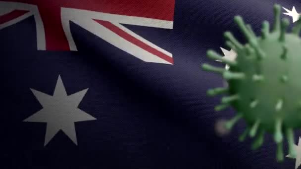 Illustratie Griep Coronavirus Zweven Australische Vlag Pathogeen Aanvallen Luchtwegen Australië — Stockvideo