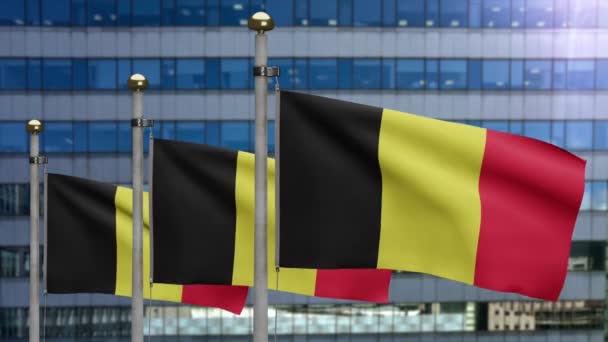 Ілюстрація Бельгійський Прапор Розмахує Сучасним Містом Хмарочосів Прекрасна Висока Вежа — стокове відео
