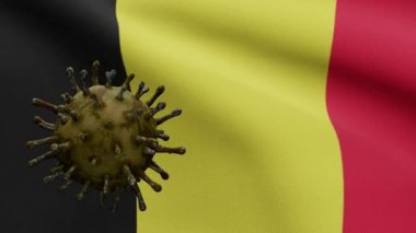 Coronavirüs salgınıyla sallanan 3 boyutlu Belçika bayrağı solunum sistemini tehlikeli grip olarak etkiliyor. Covid19 virüsünün arka planında ulusal Belçika bayrağı var. Salgın riski kavramı - Dan