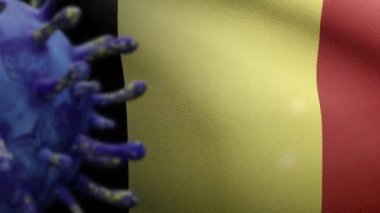 Coronavirüs salgınıyla sallanan 3 boyutlu Belçika bayrağı solunum sistemini tehlikeli grip olarak etkiliyor. Covid19 virüsünün arka planında ulusal Belçika bayrağı var. Salgın riski kavramı - Dan