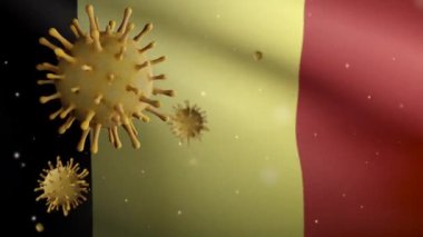 Coronavirüs salgınıyla sallanan 3 boyutlu Belçika bayrağı solunum sistemini tehlikeli grip olarak etkiliyor. Covid19 virüsünün arka planında ulusal Belçika bayrağı var. Salgın riski kavramı - Dan