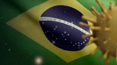 3 boyutlu Brezilya bayrağı Coronavirüs salgını ile sallanıyor ve solunum sistemini tehlikeli bir grip gibi etkiliyor. Arkaplanda ulusal Brezilya bayrağı dalgalanan Covid 19 tipi bir virüs.