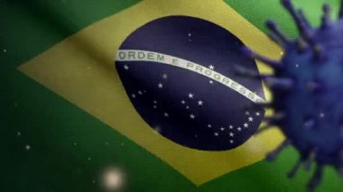 Brezilya bayrağı üzerinde 3 boyutlu grip koronavirüsü, patojen solunum yollarına saldırıyor. Brezilya pankartı Covid19 virüs enfeksiyonu konseptiyle sallanıyor. Kumaş dokusu Asteğmen Dan