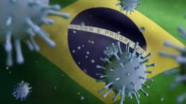 3 boyutlu Brezilya bayrağı dalgalanması ve Coronavirus 2019 nCov konsepti. Brezilya 'da dünya salgını, koronavirüs salgını, grip salgını gibi tehlikeli grip salgını vakaları. Mikroskop virüsü Covid19-Dan