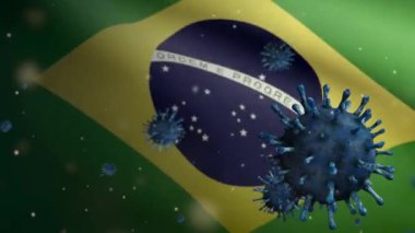 Brezilya bayrağı üzerinde 3 boyutlu grip koronavirüsü, patojen solunum yollarına saldırıyor. Brezilya pankartı Covid19 virüs enfeksiyonu konseptiyle sallanıyor. Kumaş dokusu Asteğmen Dan