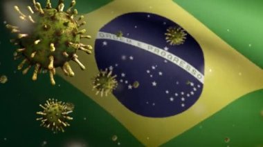 3 boyutlu Brezilya bayrağı dalgalanması ve Coronavirus 2019 nCov konsepti. Brezilya 'da dünya salgını, koronavirüs salgını, grip salgını gibi tehlikeli grip salgını vakaları. Mikroskop virüsü Covid19-Dan
