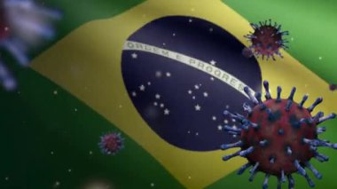 Brezilya bayrağı üzerinde 3 boyutlu grip koronavirüsü, patojen solunum yollarına saldırıyor. Brezilya pankartı Covid19 virüs enfeksiyonu konseptiyle sallanıyor. Kumaş dokusu Asteğmen Dan