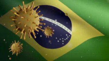 Brezilya bayrağı üzerinde 3 boyutlu grip koronavirüsü, patojen solunum yollarına saldırıyor. Brezilya pankartı Covid19 virüs enfeksiyonu konseptiyle sallanıyor. Kumaş dokusu Asteğmen Dan